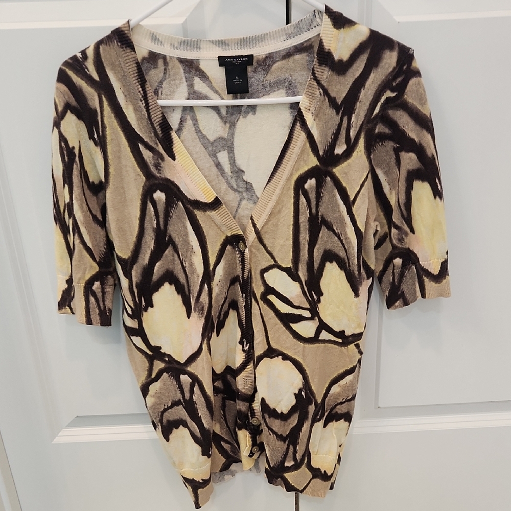 Ann Taylor Women's Abstract Print Blouse - Cream and Brown